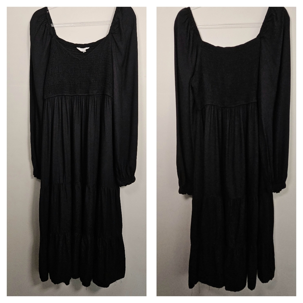 Beyond Words Black Boho Smocked Long Sleeve Fit & Flare Dress Size Large - Picture 2 of 10